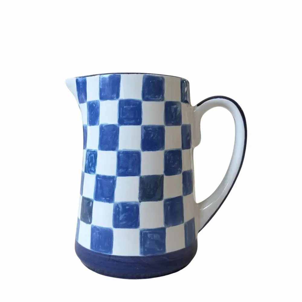 NEW Mackenzie Childs Indigo Check Pitcher 1.75 Qt Stoneware